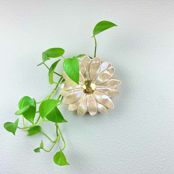 VTG Ceramic Pink Gold Glossy Flower Hanging Wall Pocket Plant Propagation Statio